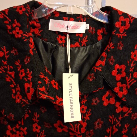 NEW Women’s Elegant Pea Coat Red Black Floral Lined Trench Coat ¾ Sleeve 18 XL - Picture 9 of 10
